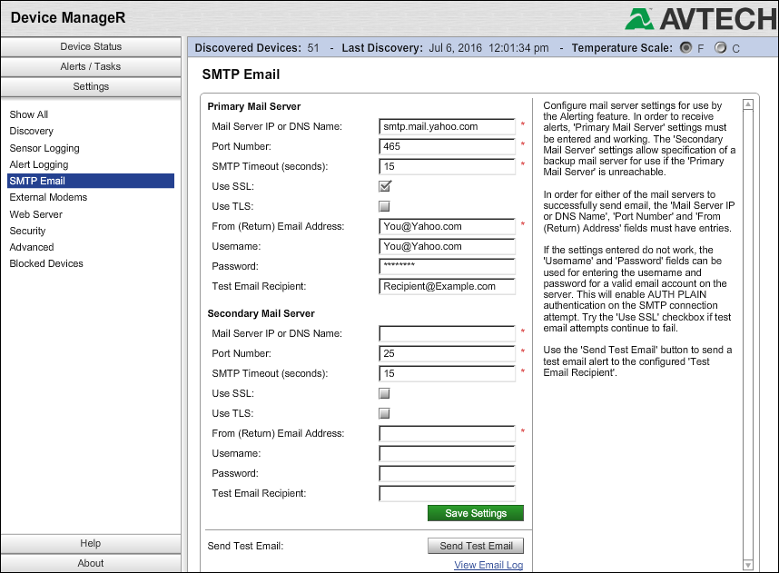 Configure Yahoo SMTP setting for Alarm email notification