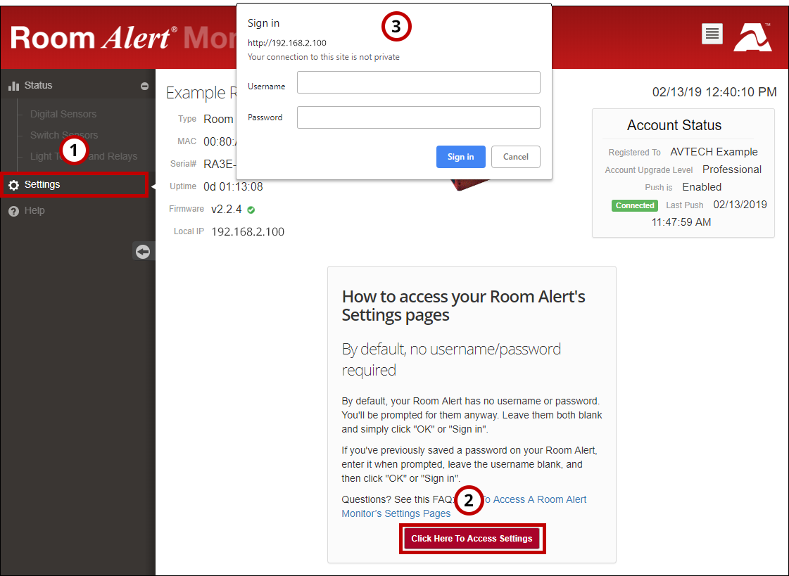 How To Access A Room Alert Monitor's Settings Pages AVTECH