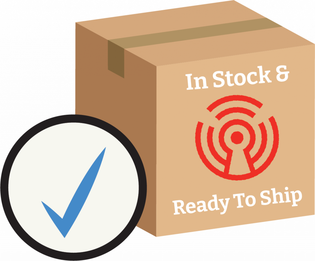 Graphic showing a shipping box with Room Alert logo demonstrating we are in stock and ready to ship