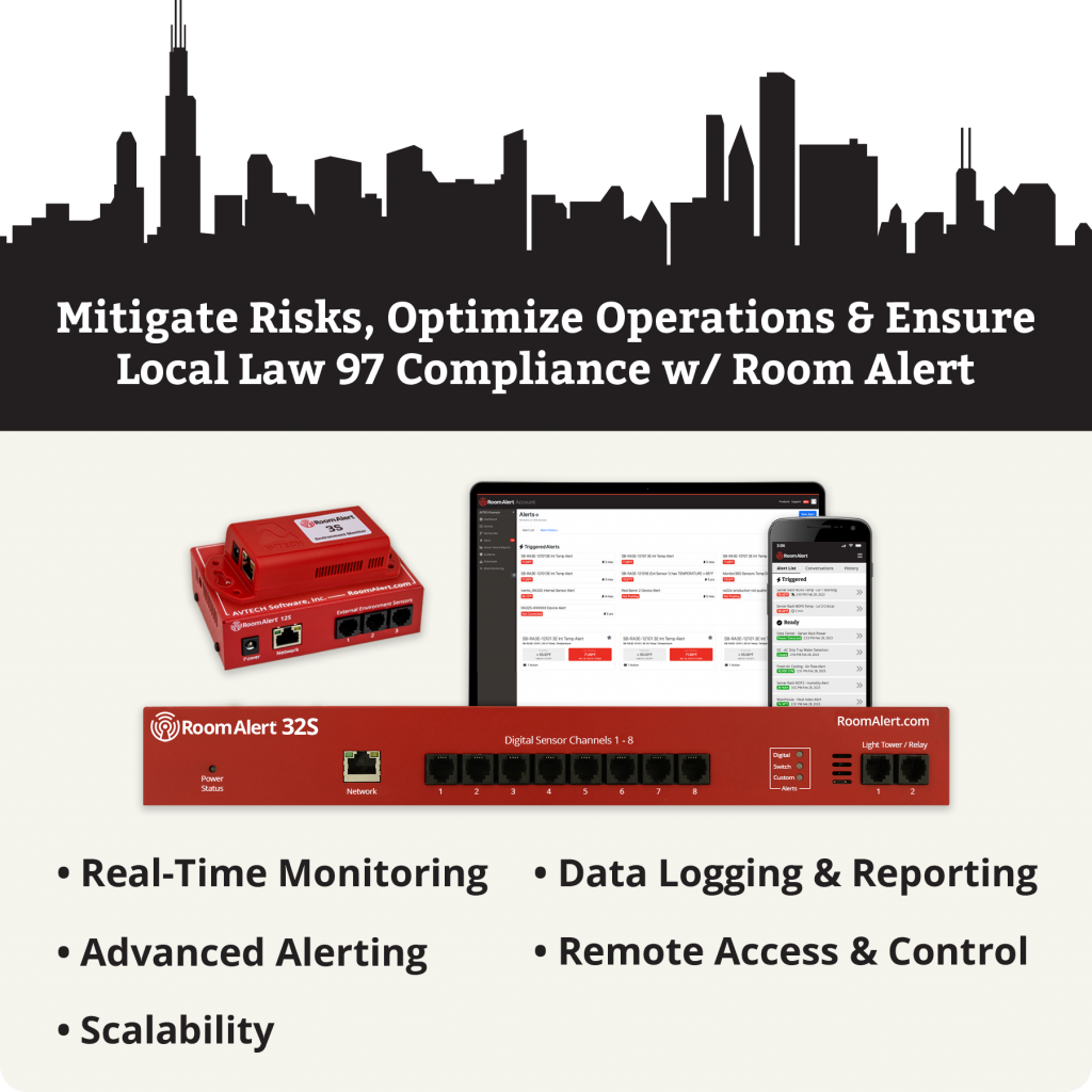 Graphic illustrates the NYC skyline with information about how Room Alert supports Law 97 compliance.