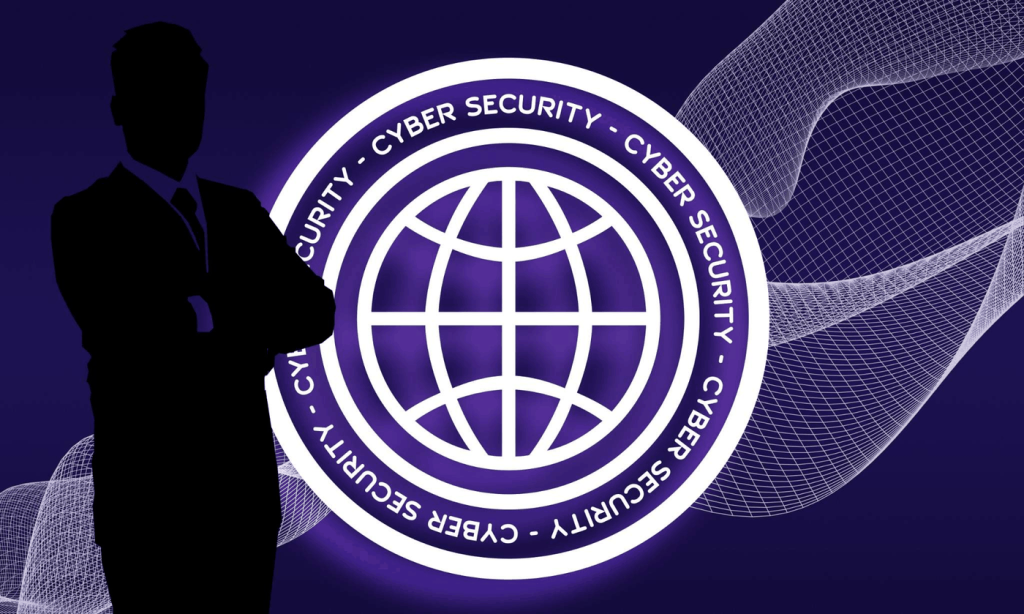 Graphic showcasing shadow of man with repeating word "Cybersecurity"